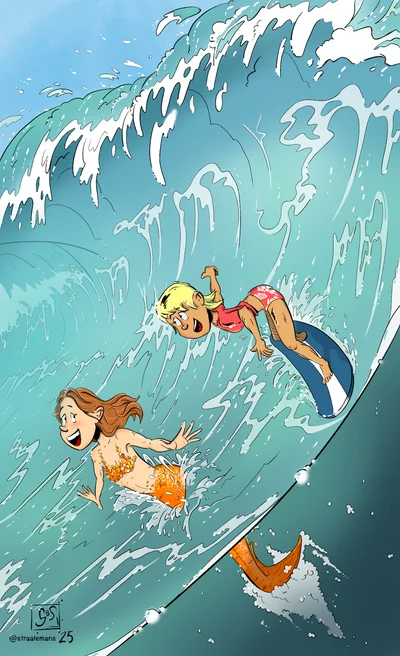 Mermaid and surfer girl
